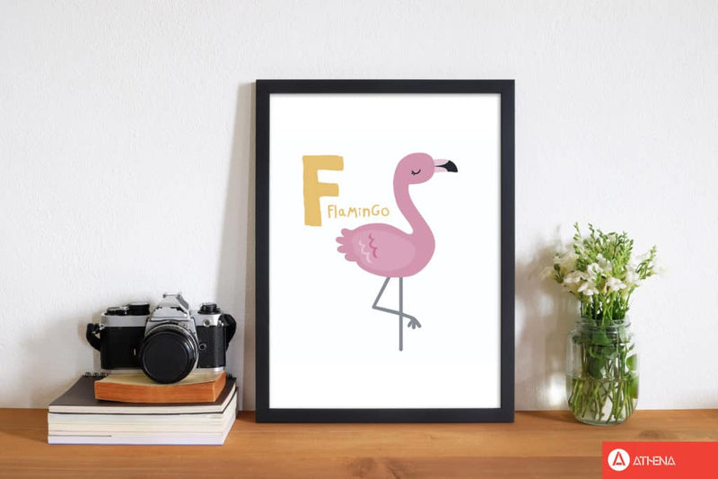 Alphabet animals, f is for flamingo modern fine art print, framed childrens nursey wall art poster