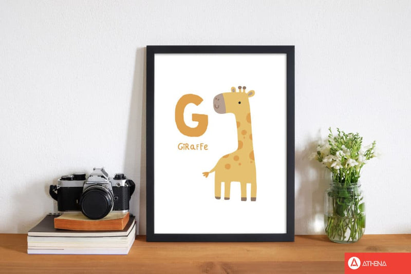 Alphabet animals, g is for giraffe modern fine art print, framed childrens nursey wall art poster