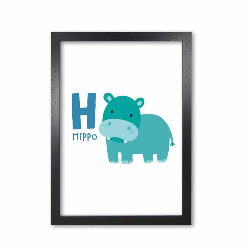 Alphabet animals, h is for hippo modern fine art print, framed childrens nursey wall art poster