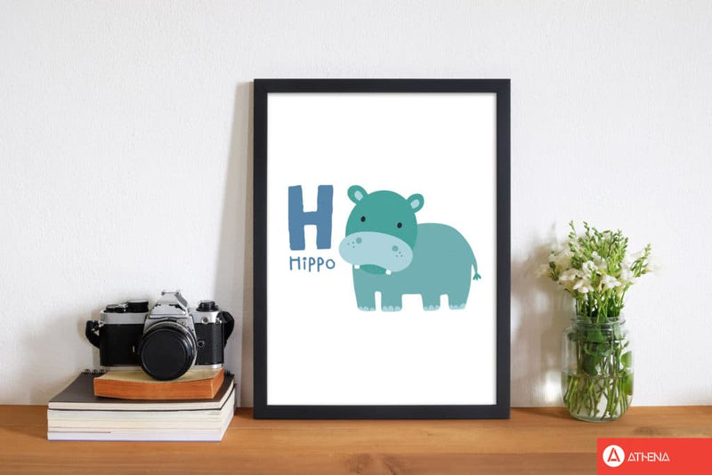 Alphabet animals, h is for hippo modern fine art print, framed childrens nursey wall art poster