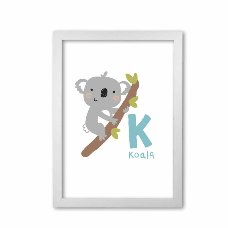 Alphabet animals, k is for koala modern fine art print, framed childrens nursey wall art poster