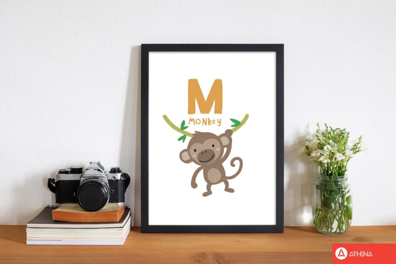 Alphabet animals, m is for monkey modern fine art print, framed childrens nursey wall art poster
