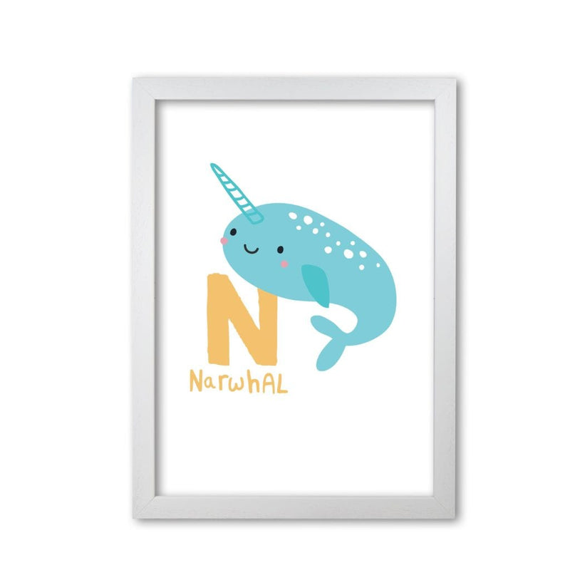 Alphabet animals, n is for narwhal modern fine art print, framed childrens nursey wall art poster