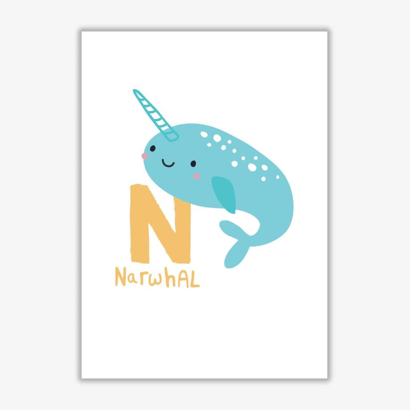 Alphabet animals, n is for narwhal modern fine art print, framed childrens nursey wall art poster