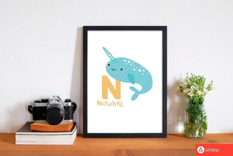 Alphabet animals, n is for narwhal modern fine art print, framed childrens nursey wall art poster