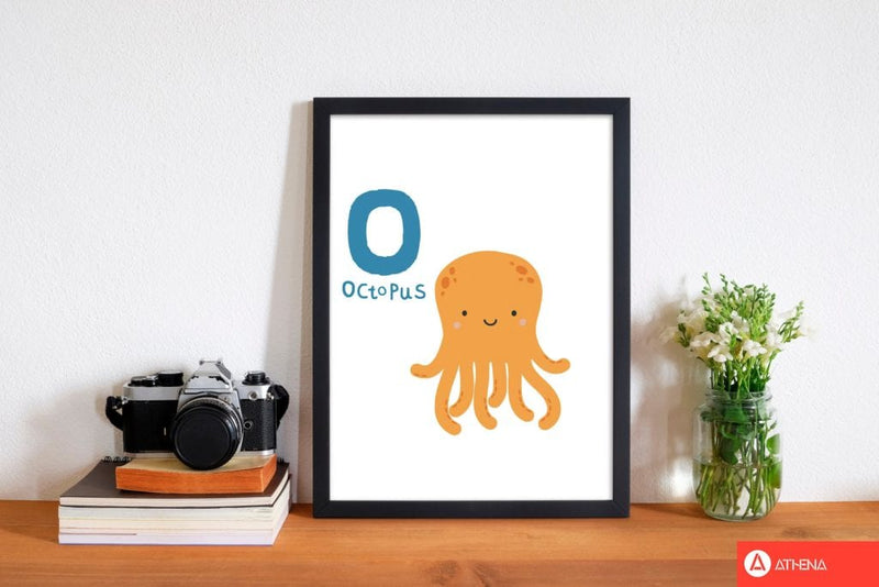Alphabet animals, o is for octopus modern fine art print, framed childrens nursey wall art poster