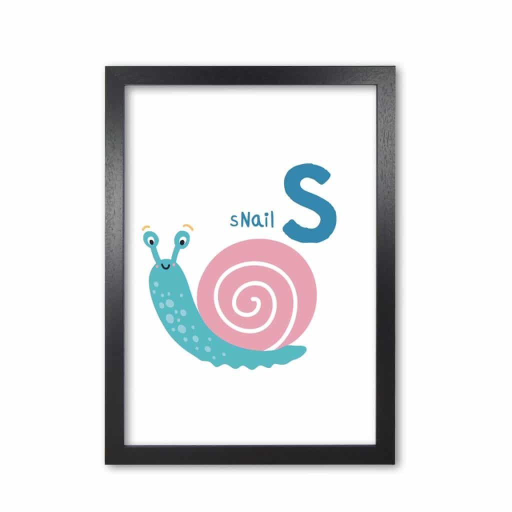 Alphabet animals, s is for snail modern fine art print, framed childrens nursey wall art poster