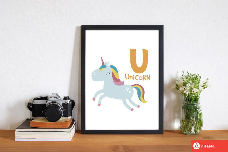 Alphabet animals, u is for unicorn modern fine art print, framed childrens nursey wall art poster