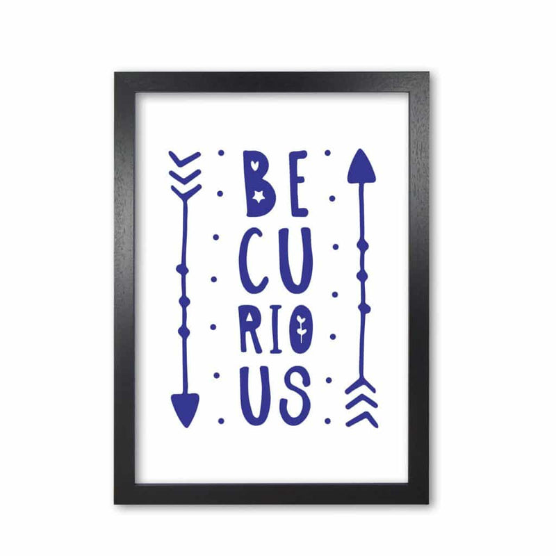 Be curious navy modern fine art print, framed typography wall art