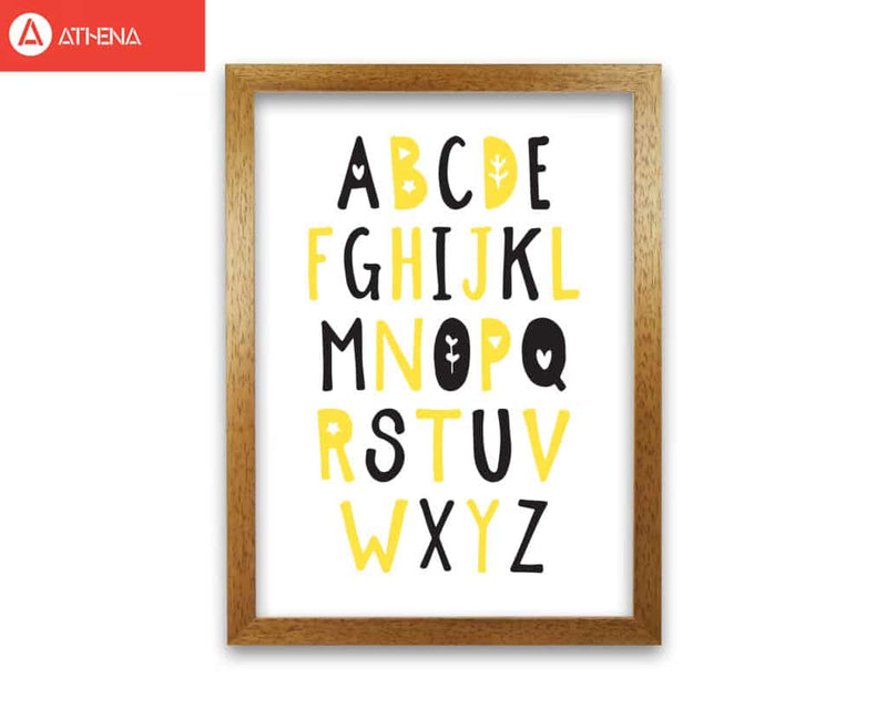 Black and yellow alphabet modern fine art print, framed childrens nursey wall art poster