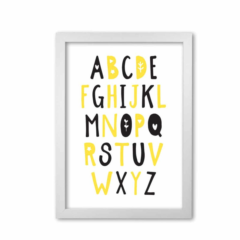 Black and yellow alphabet modern fine art print, framed childrens nursey wall art poster