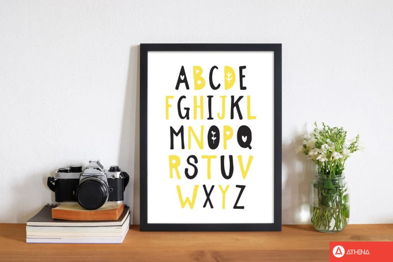 Black and yellow alphabet modern fine art print, framed childrens nursey wall art poster