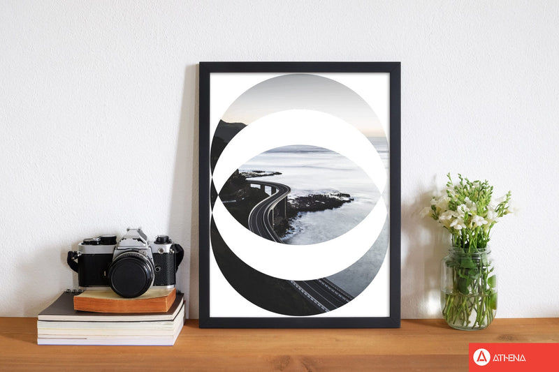 Black road oval modern fine art print, framed botanical &