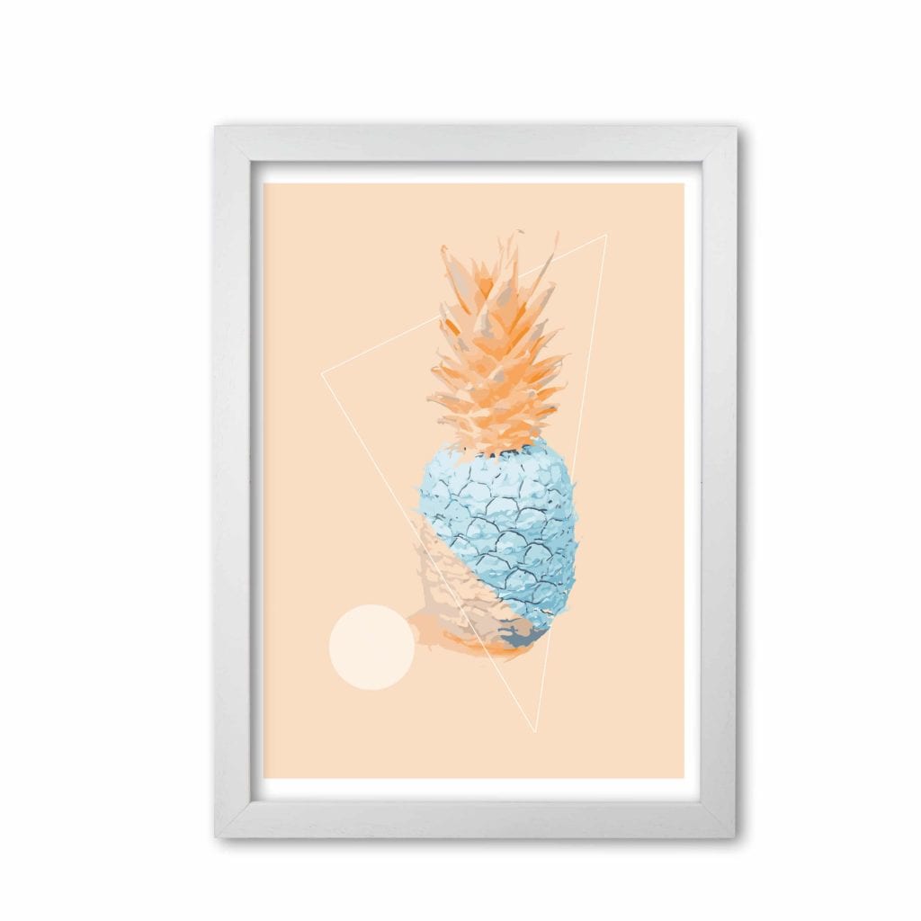 Blue and pink pineapple modern fine art print, framed kitchen wall art