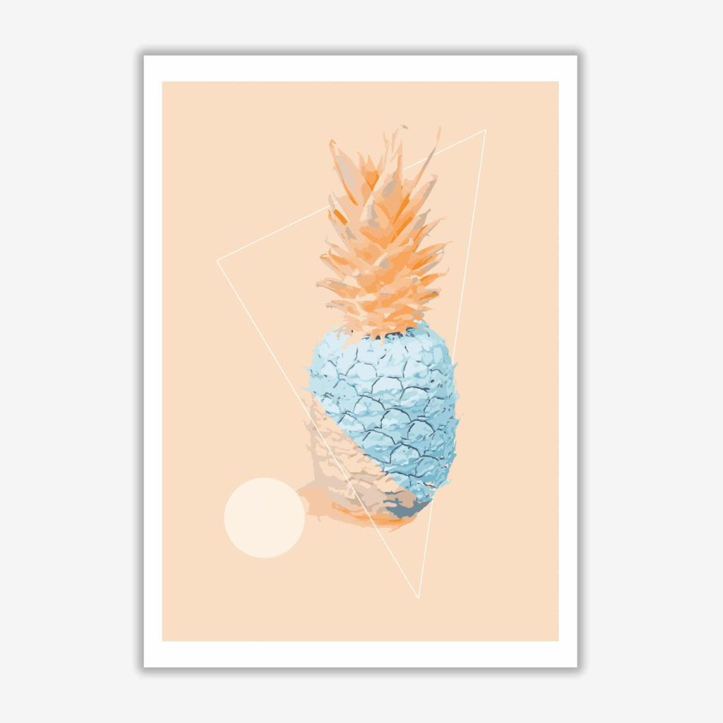 Blue and pink pineapple modern fine art print, framed kitchen wall art