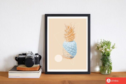 Blue and pink pineapple modern fine art print, framed kitchen wall art