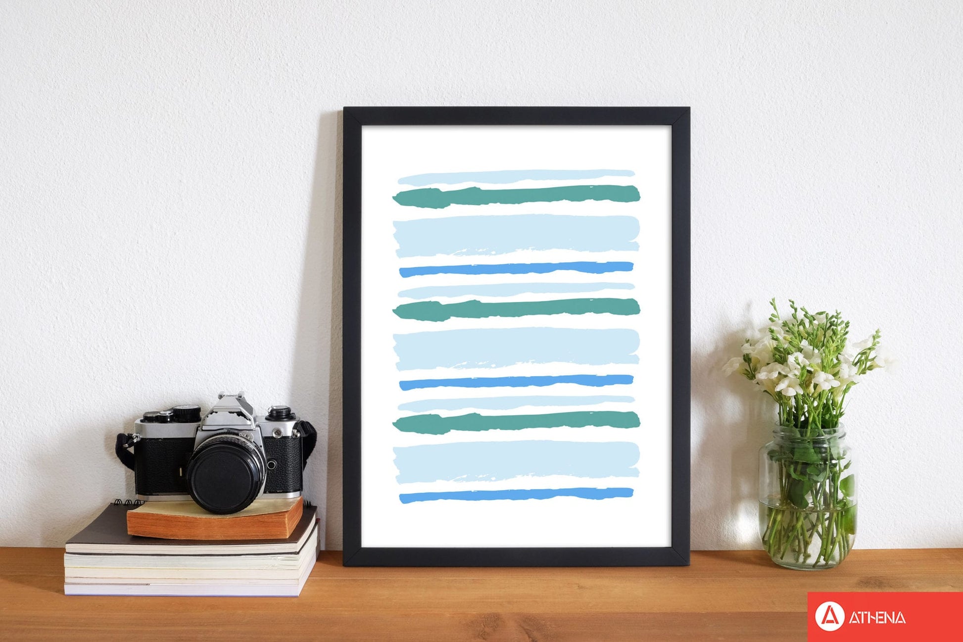 Blue contrast abstract stripes modern fine art print