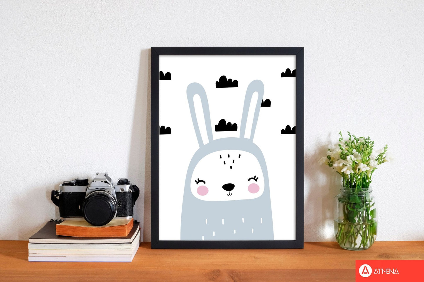 Blue scandi bunny with clouds modern fine art print