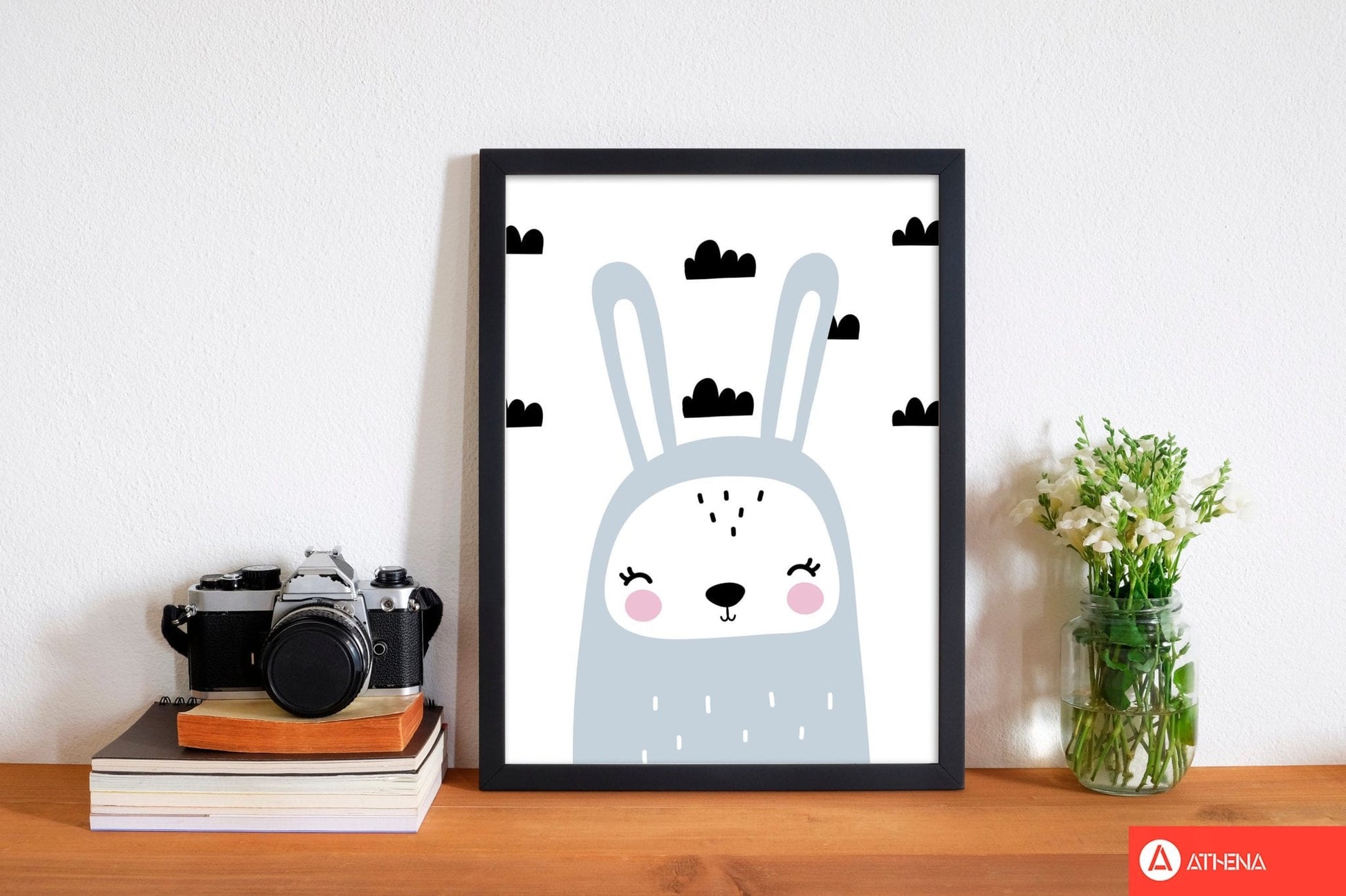 Blue scandi bunny with clouds modern fine art print