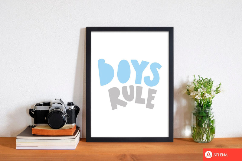 Boys rule grey and light blue modern fine art print, framed typography wall art