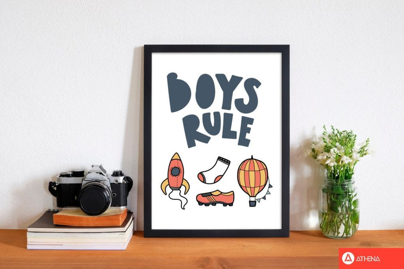 Boys rule illustrations modern fine art print, framed childrens nursey wall art poster