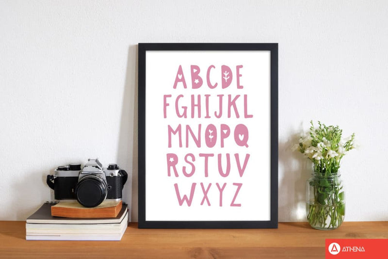 Bright pink alphabet modern fine art print, framed childrens nursey wall art poster