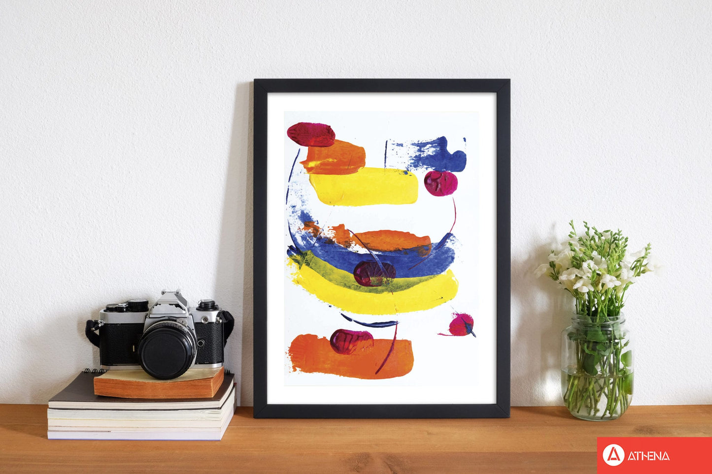 Bright yellow, blue and red abstract paint strokes modern fine art print