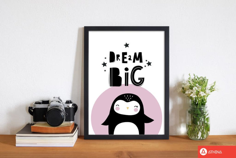 Dream big penguin modern fine art print, framed childrens nursey wall art poster