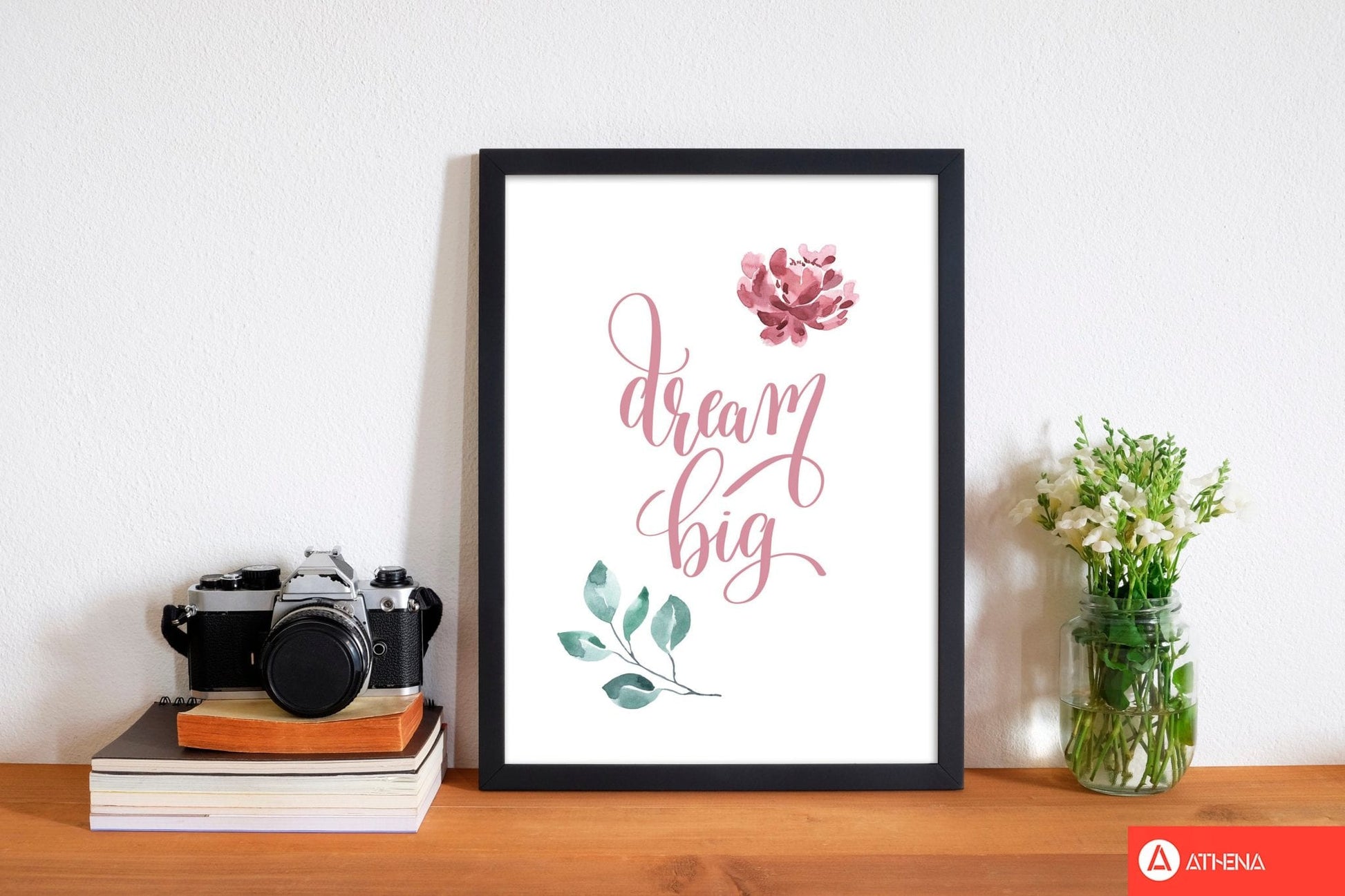 Dream big pink floral modern fine art print, framed typography wall art