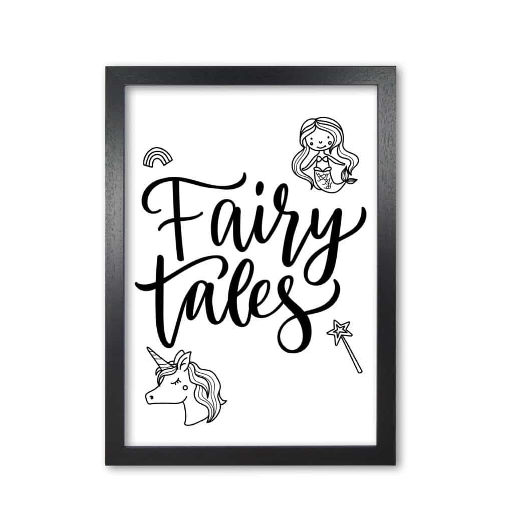 Fairy tales black modern fine art print, framed childrens nursey wall art poster