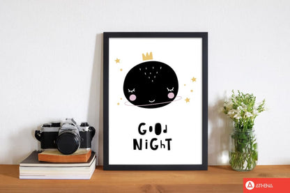 Good night planet modern fine art print, framed childrens nursey wall art poster