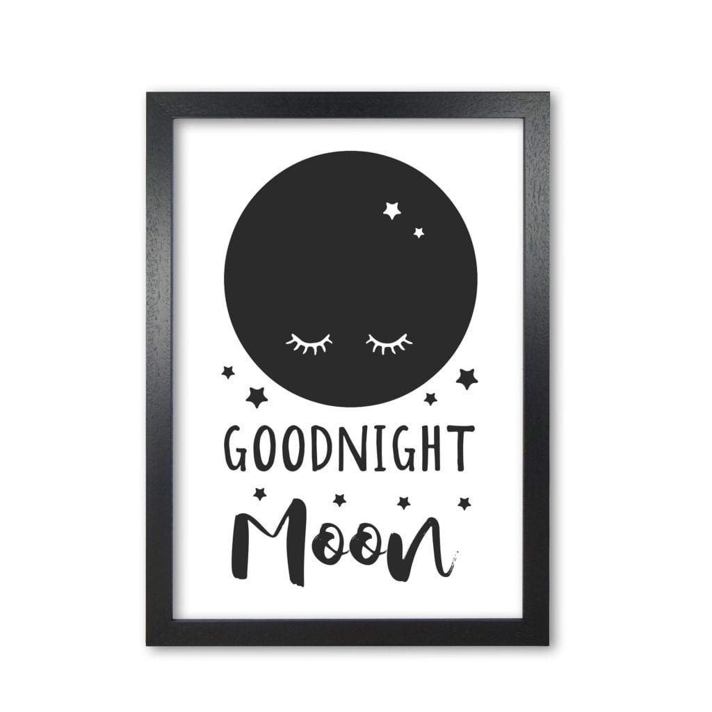 Goodnight moon black modern fine art print, framed childrens nursey wall art poster