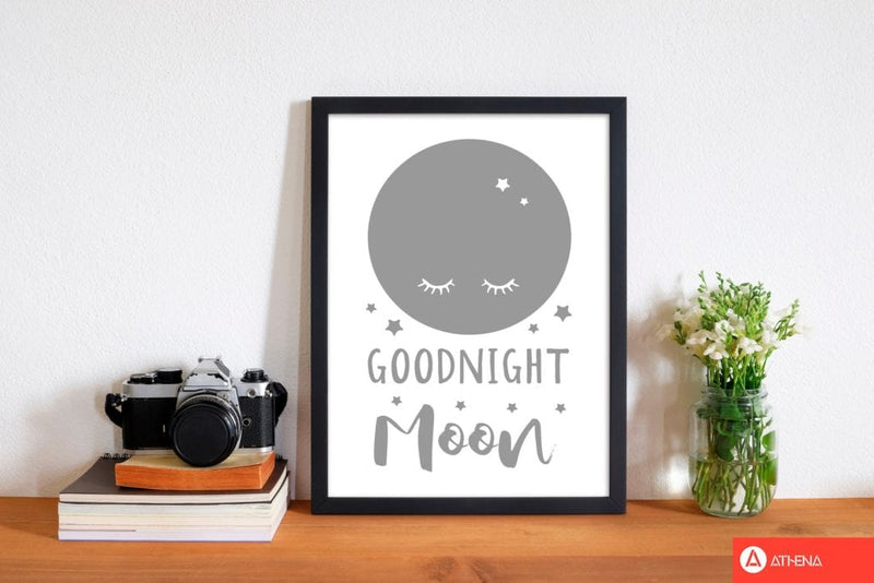 Goodnight moon grey modern fine art print, framed childrens nursey wall art poster