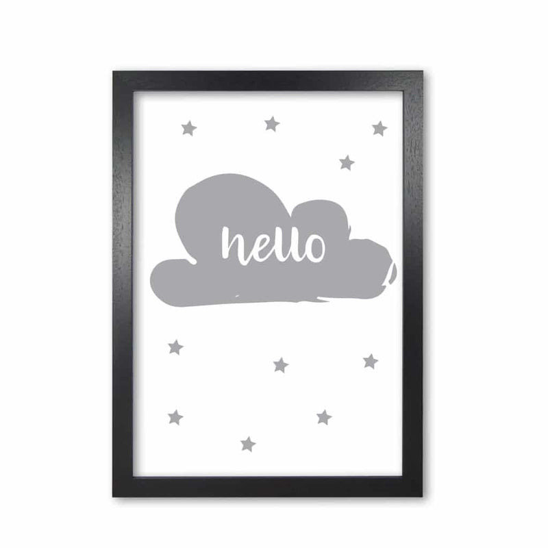 Hello cloud grey modern fine art print, framed childrens nursey wall art poster