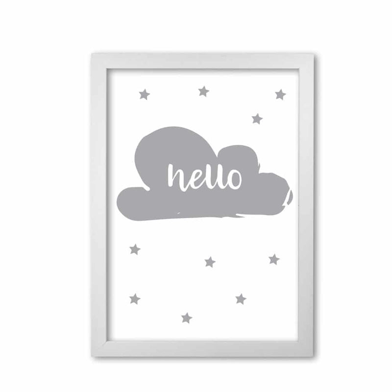 Hello cloud grey modern fine art print, framed childrens nursey wall art poster