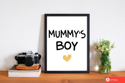 Mummy&#39;s boy mustard modern fine art print, framed childrens nursey wall art poster