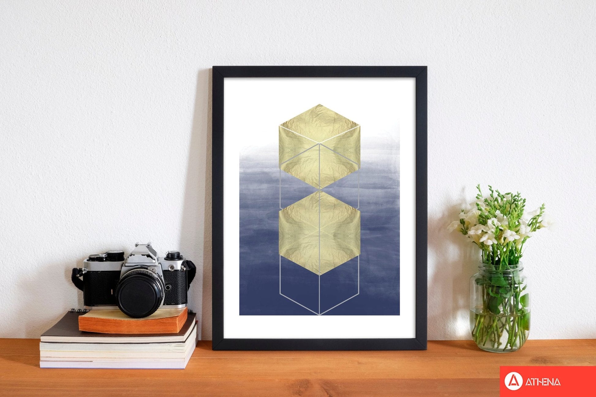 Navy and gold abstract hexagons modern fine art print