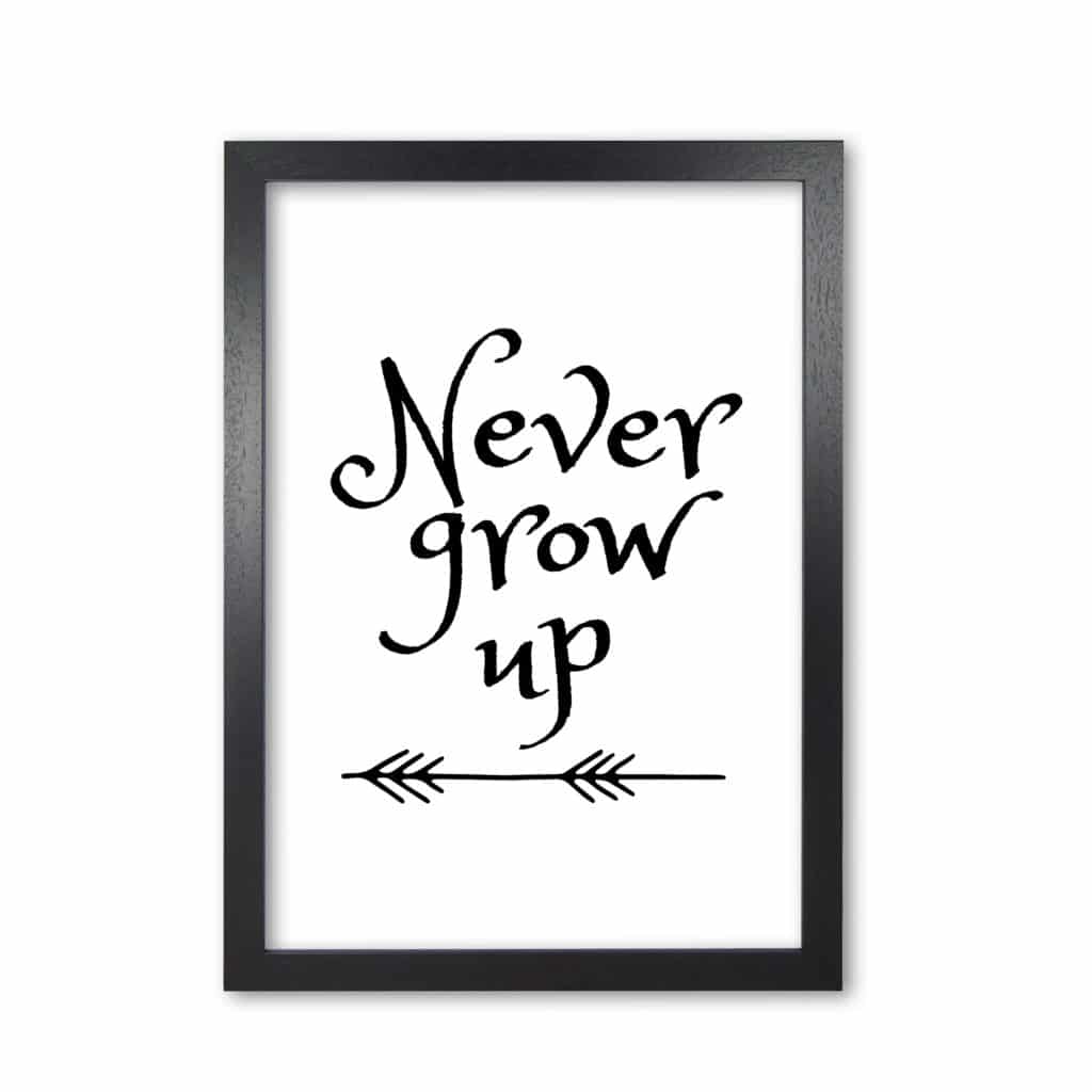 Never grow up black modern fine art print, framed childrens nursey wall art poster