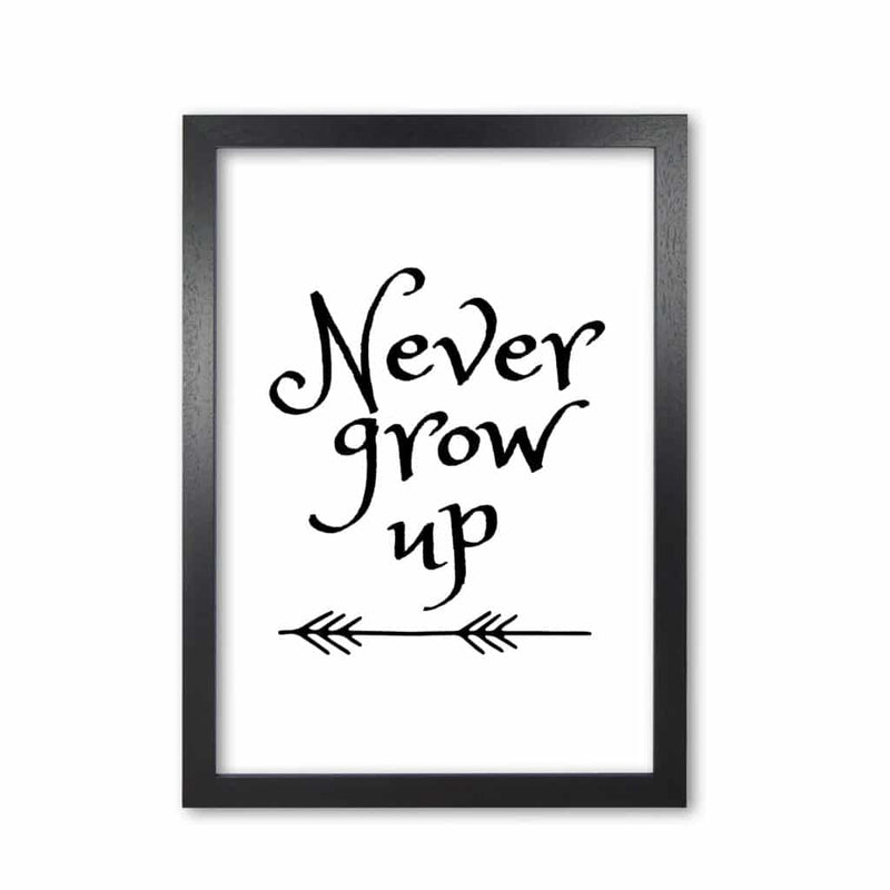 Never grow up black modern fine art print, framed childrens nursey wall art poster