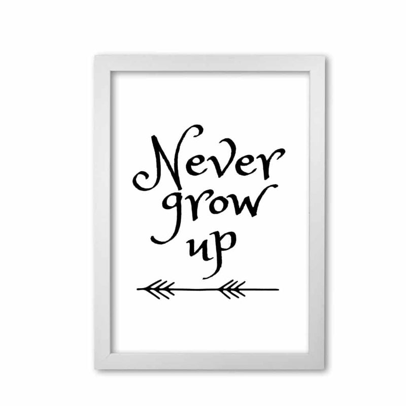 Never grow up black modern fine art print, framed childrens nursey wall art poster