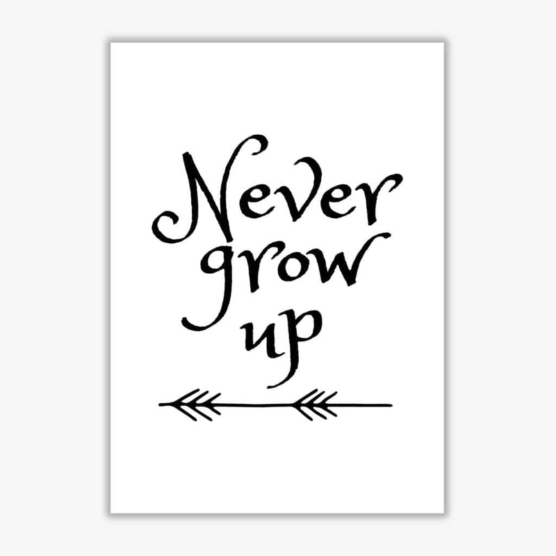 Never grow up black modern fine art print, framed childrens nursey wall art poster