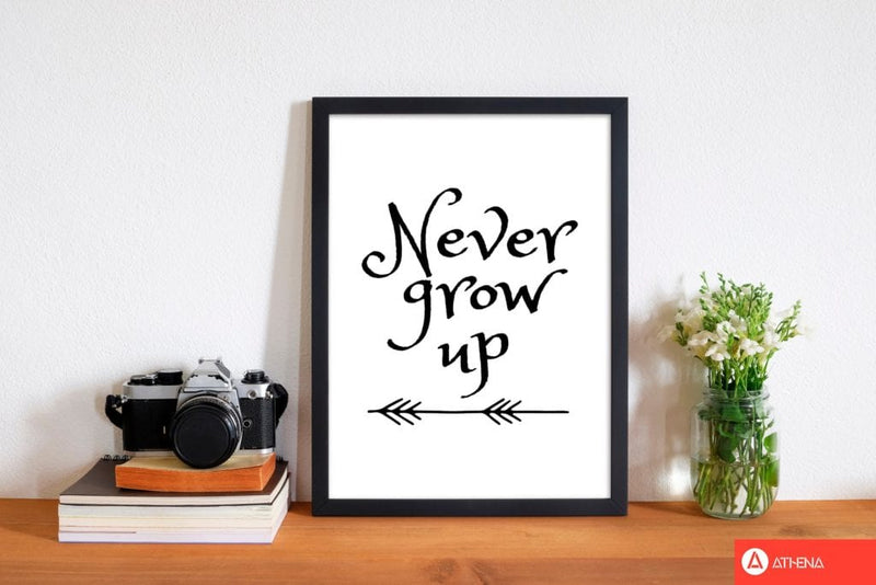 Never grow up black modern fine art print, framed childrens nursey wall art poster