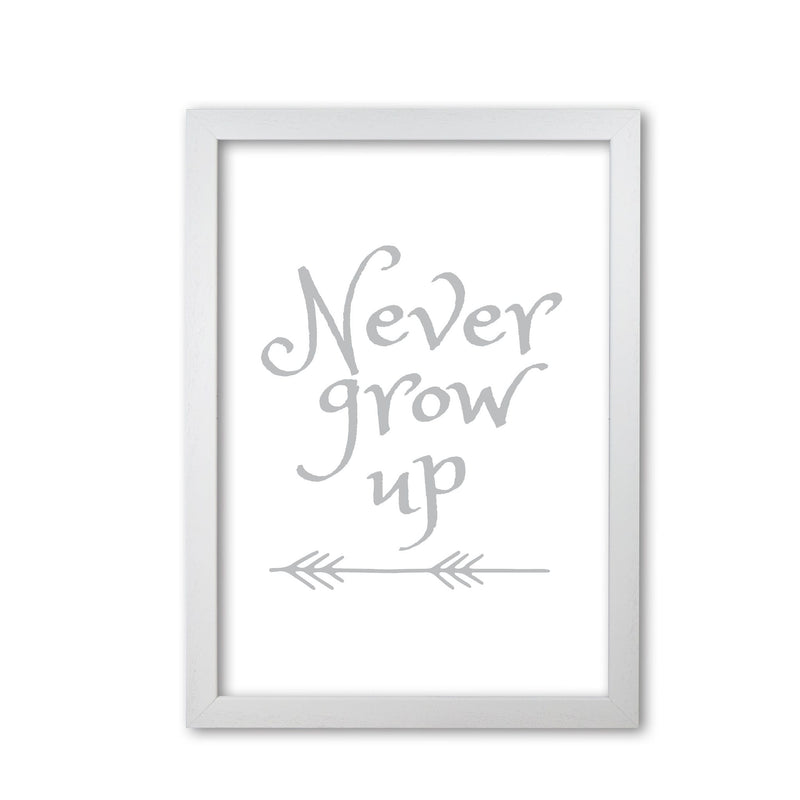 Never grow up grey modern fine art print, framed typography wall art