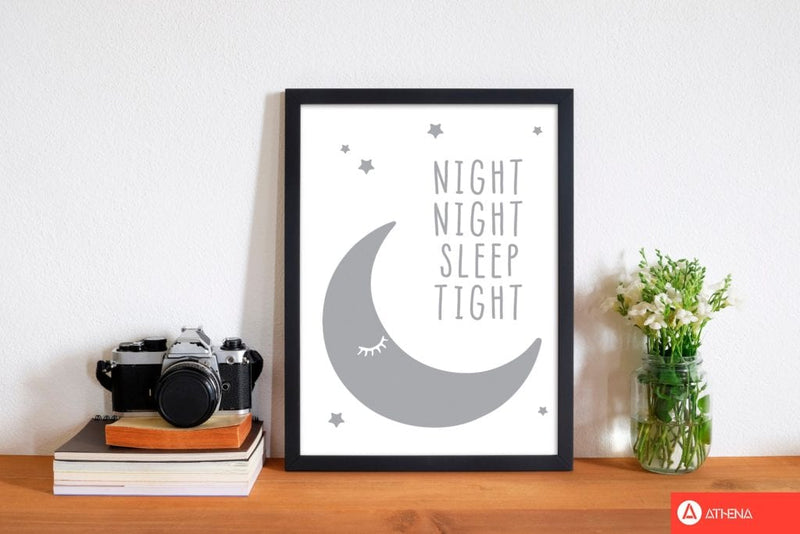 Night night moon grey modern fine art print, framed childrens nursey wall art poster