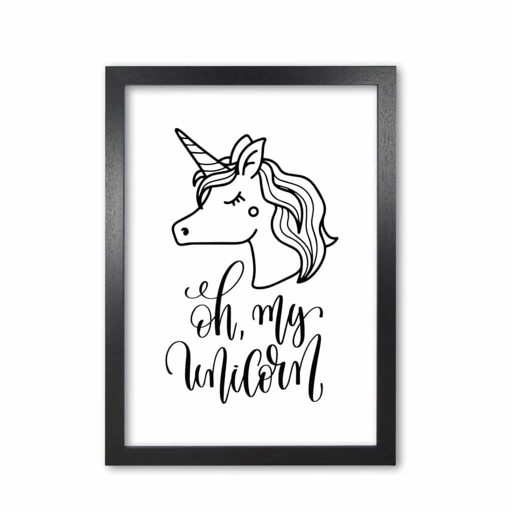 Oh my unicorn black modern fine art print, framed childrens nursey wall art poster