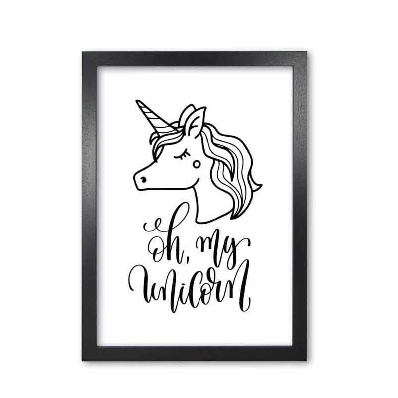 Oh my unicorn black modern fine art print, framed childrens nursey wall art poster