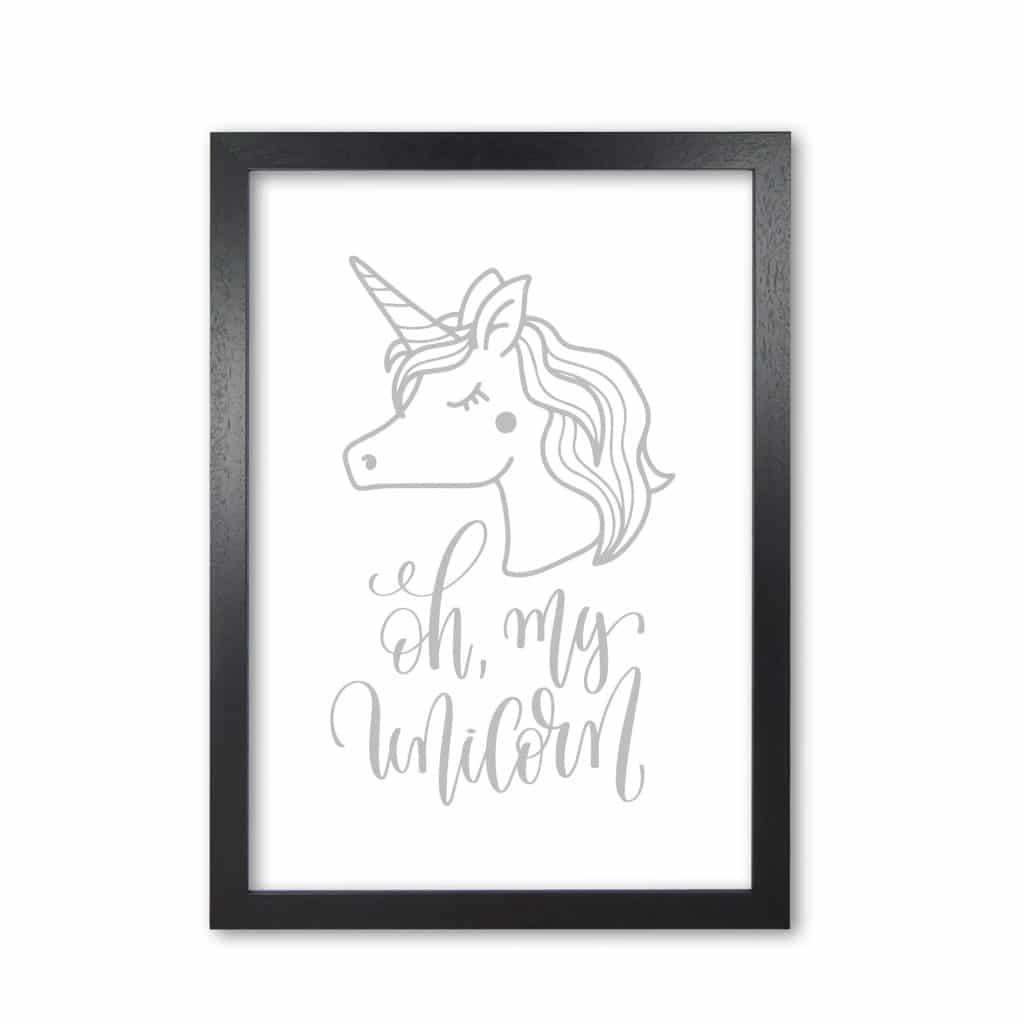 Oh my unicorn grey modern fine art print, framed childrens nursey wall art poster
