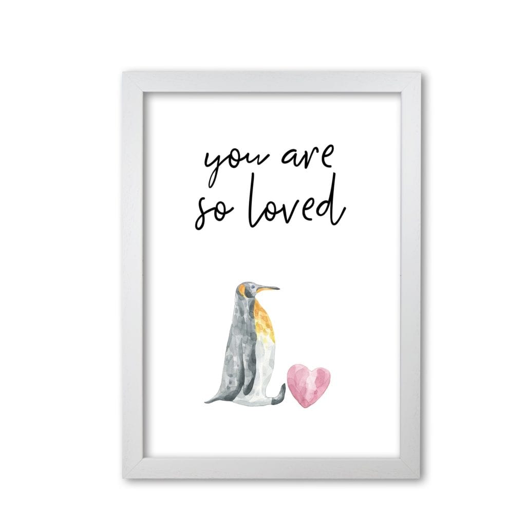 Penguin you are so loved modern fine art print, framed childrens nursey wall art poster