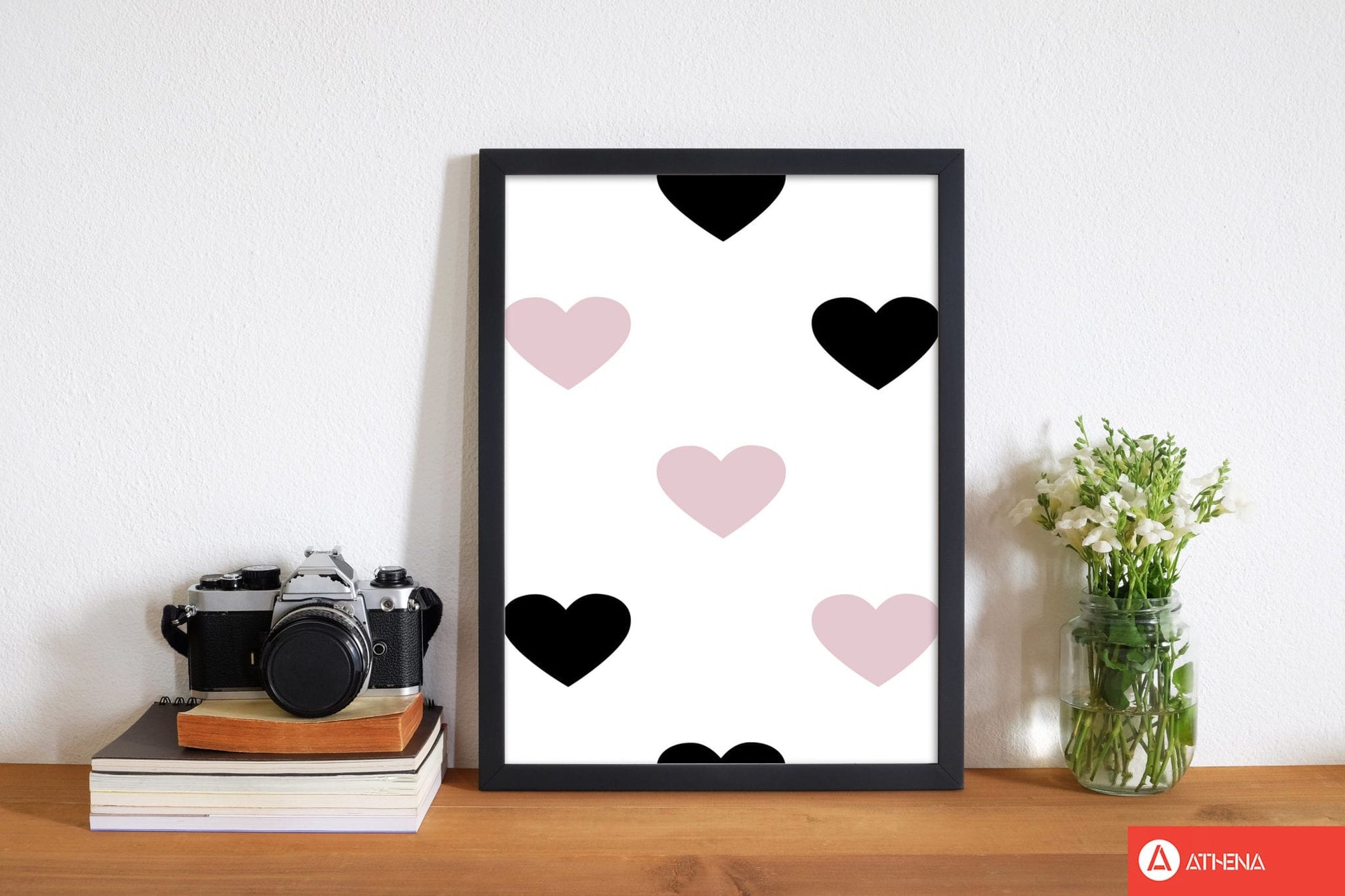 Pink and black hearts modern fine art print