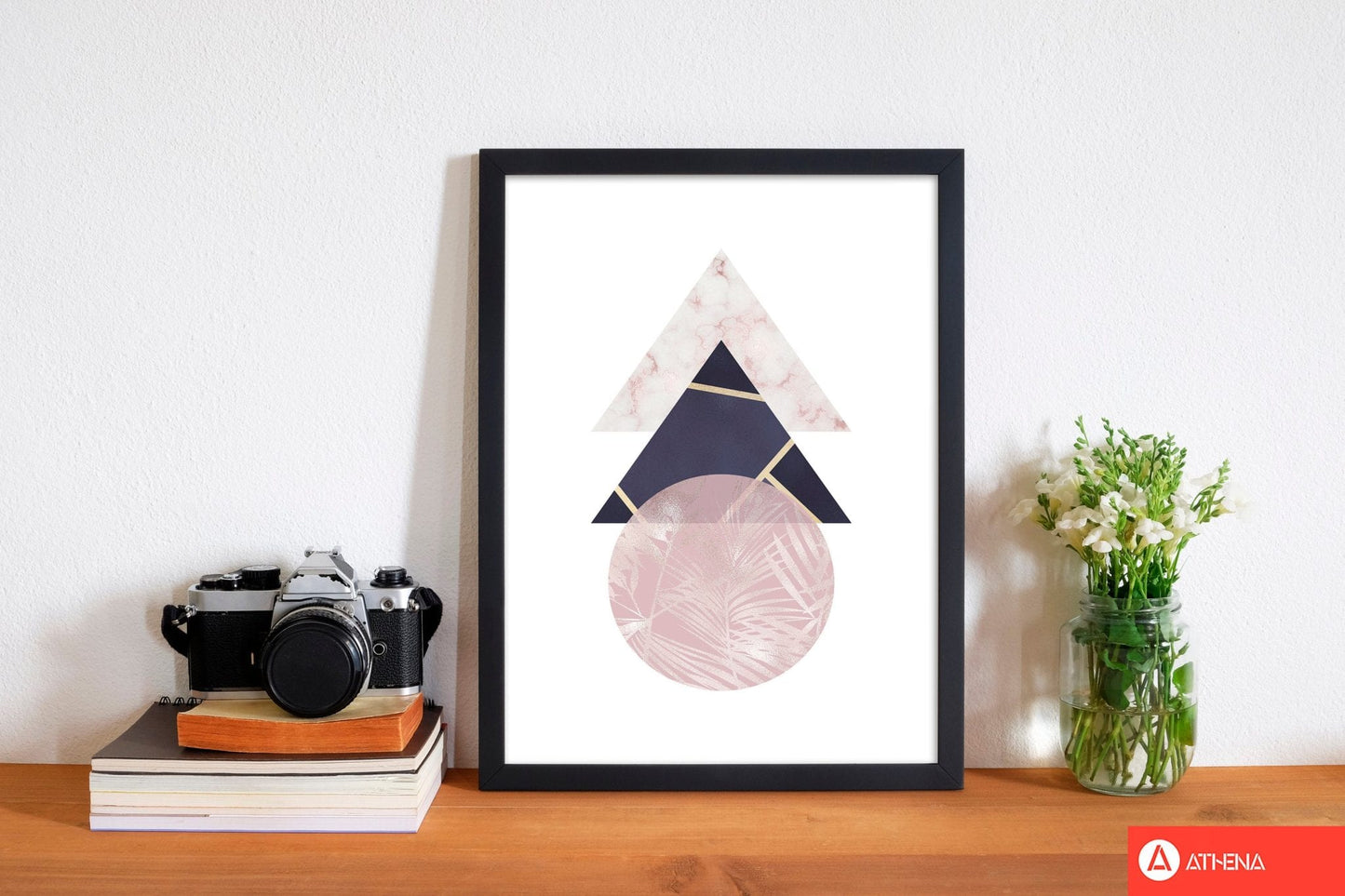 Pink and navy marble abstract triangles and circle modern fine art print